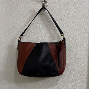 Fossil Women's Black and Brown Leather Shoulder Bag